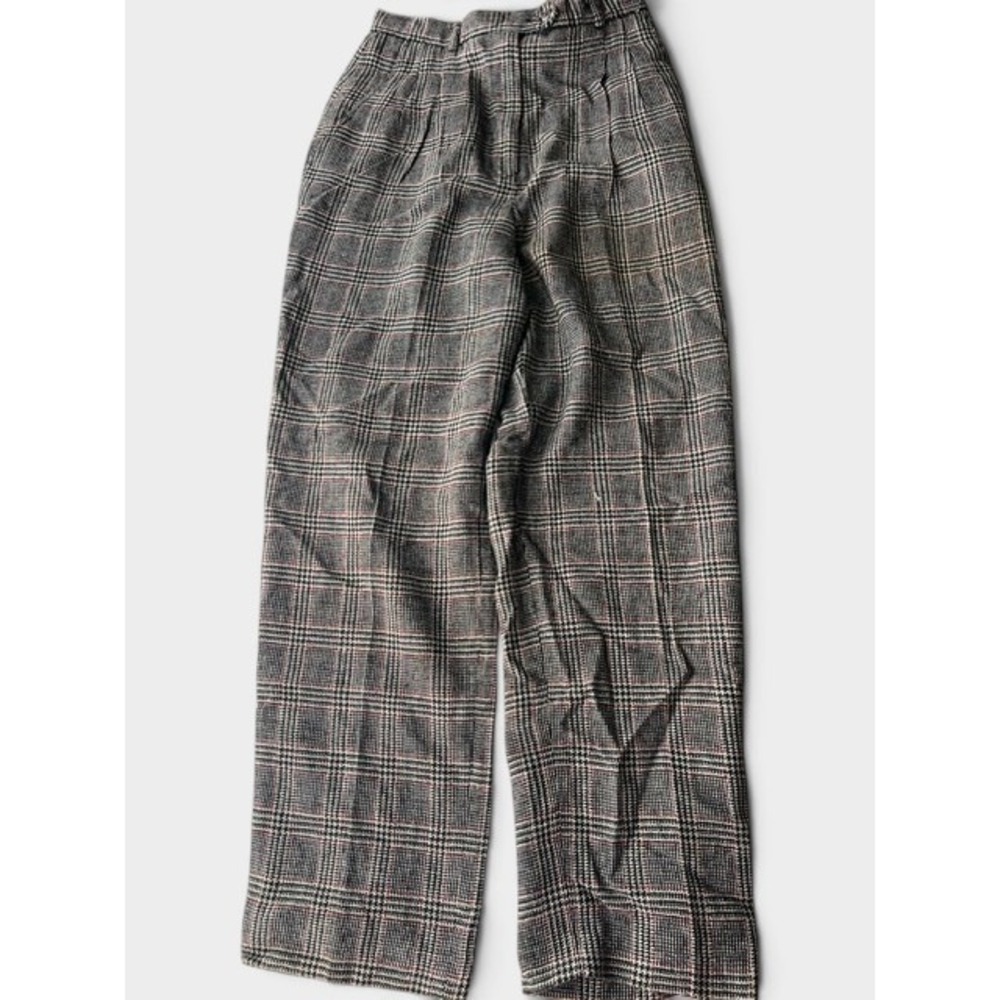 Vintage Rafaella 90s Plaid Trousers Grey Wool Blend Pleated Wide Leg Pants Sz 10